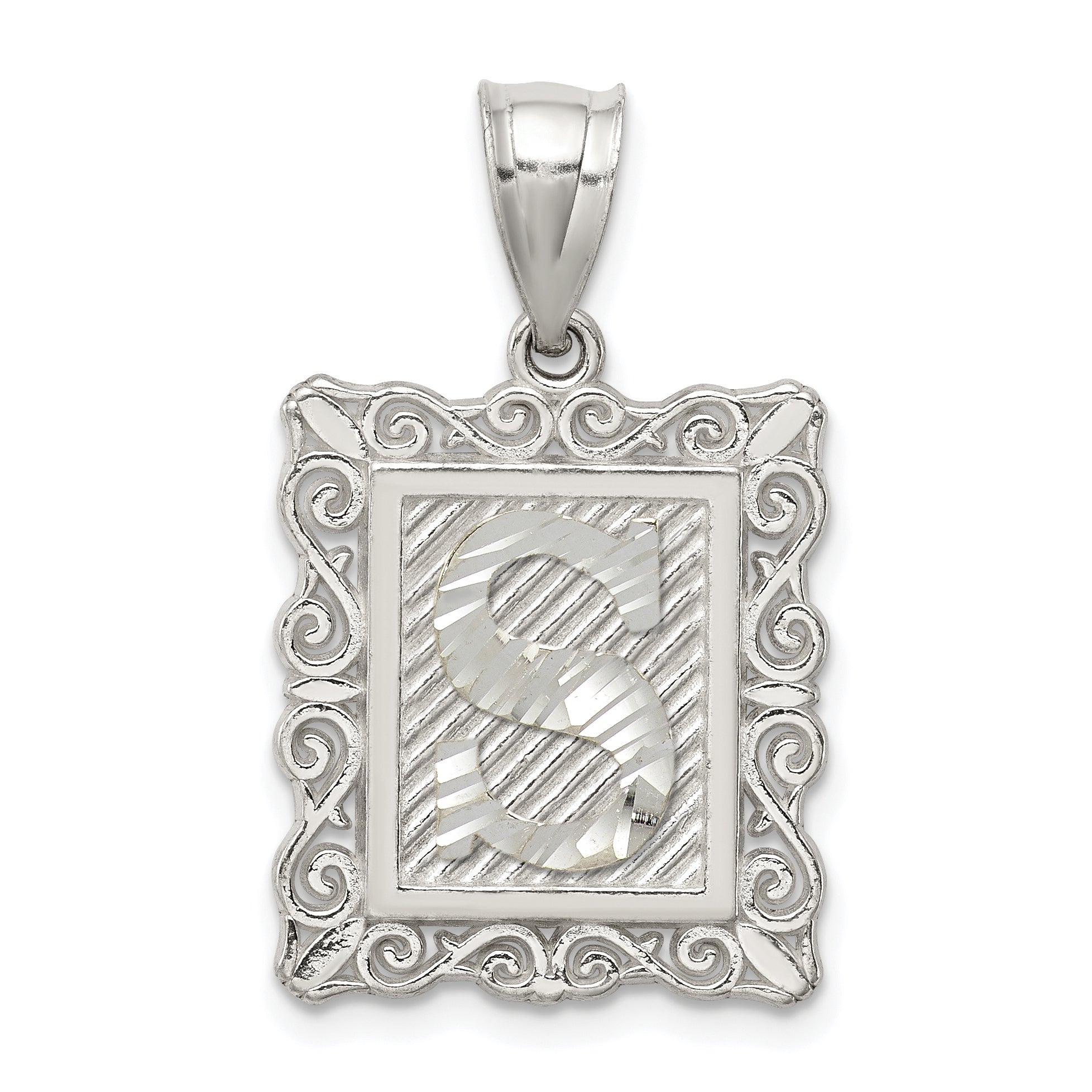 Sterling Silver Square Diamond-cut Letter S Initial Pendant