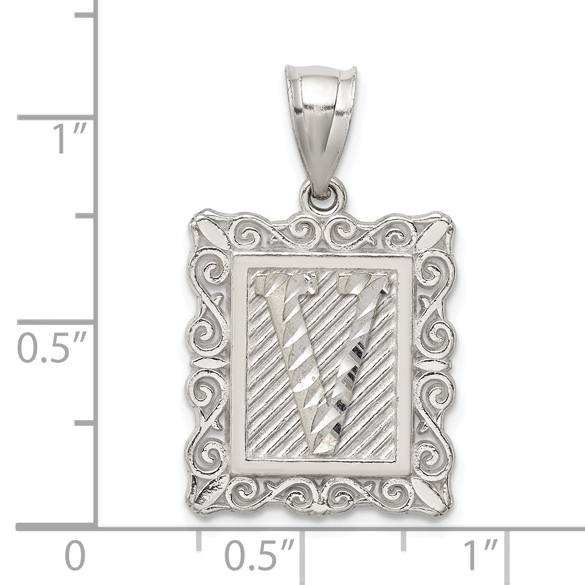 Sterling Silver Square Diamond-cut Letter V Initial Pendant