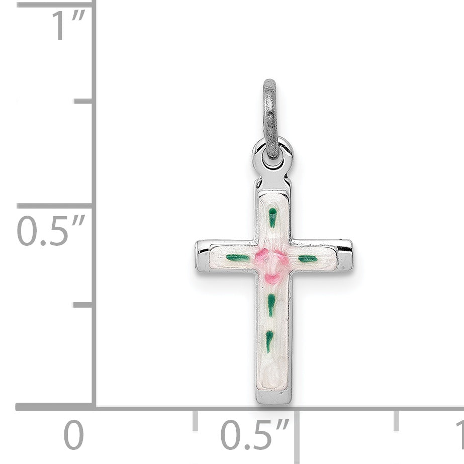 Sterling Silver 925 Rhodium-Plated Enameled Cross Charm Polished Finish