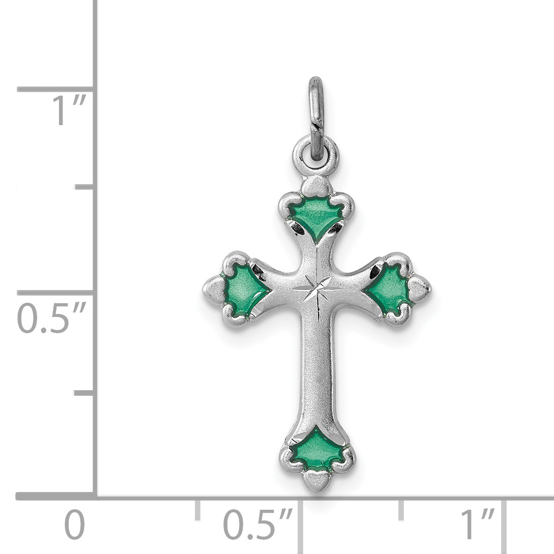 Sterling Silver 925 Green Enamel Budded Cross Charm with Rhodium Finish