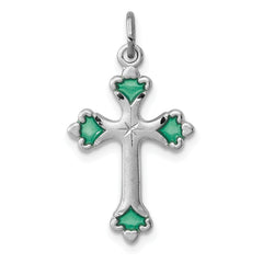 Sterling Silver Rhodium-plated Green Enameled Budded Cross Charm