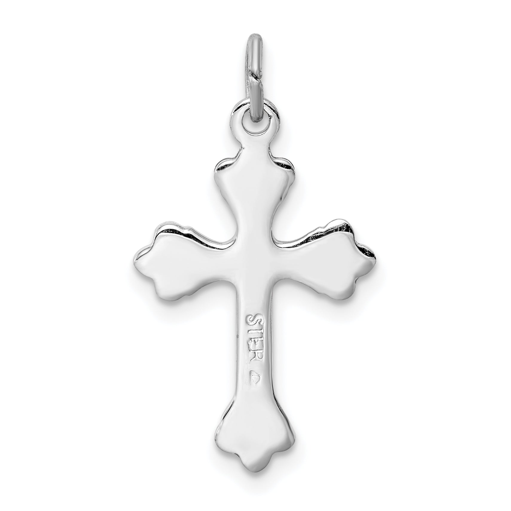 Sterling Silver 925 Pink Enameled Budded Cross Charm with Rhodium Plating