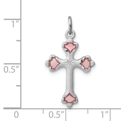 Sterling Silver 925 Pink Enameled Budded Cross Charm with Rhodium Plating