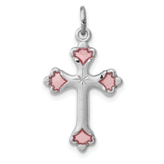 Sterling Silver Rhodium-plated Pink Enameled Budded Cross Charm