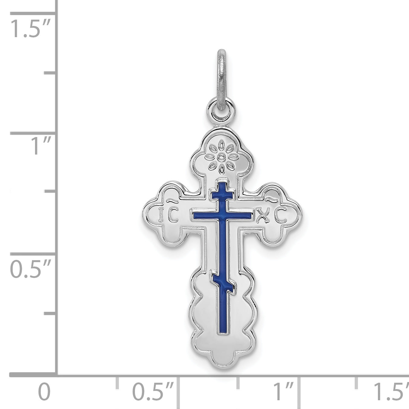 Sterling Silver 925 Rhodium-Plated Orthodox Cross Pendant with Blue Enamel