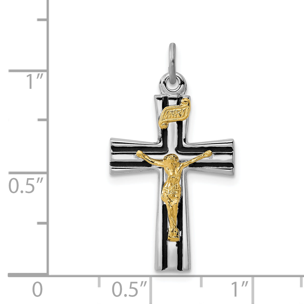 Sterling Silver 925 INRI Crucifix Charm with Rhodium-Plated Gold-Tone Finish