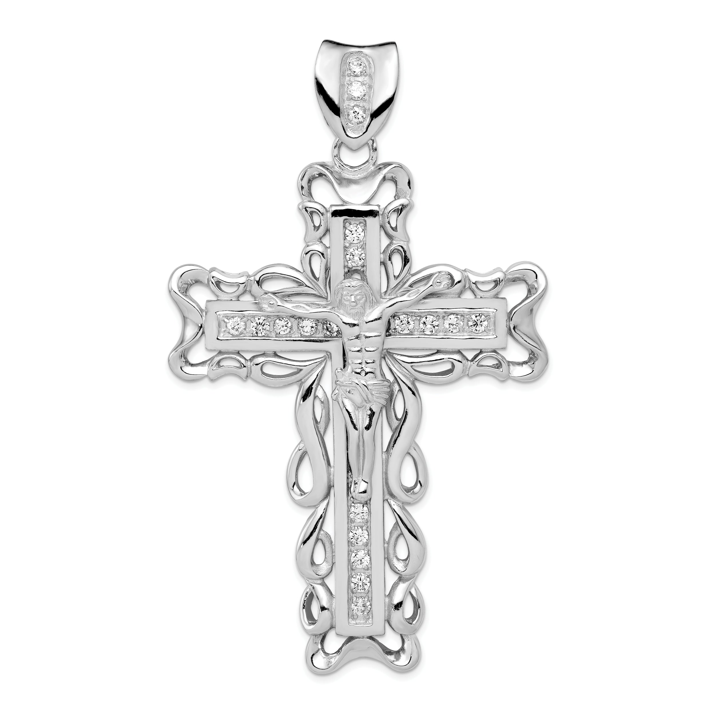 Sterling Silver Rhodium-plated CZ Crucifix Pendant