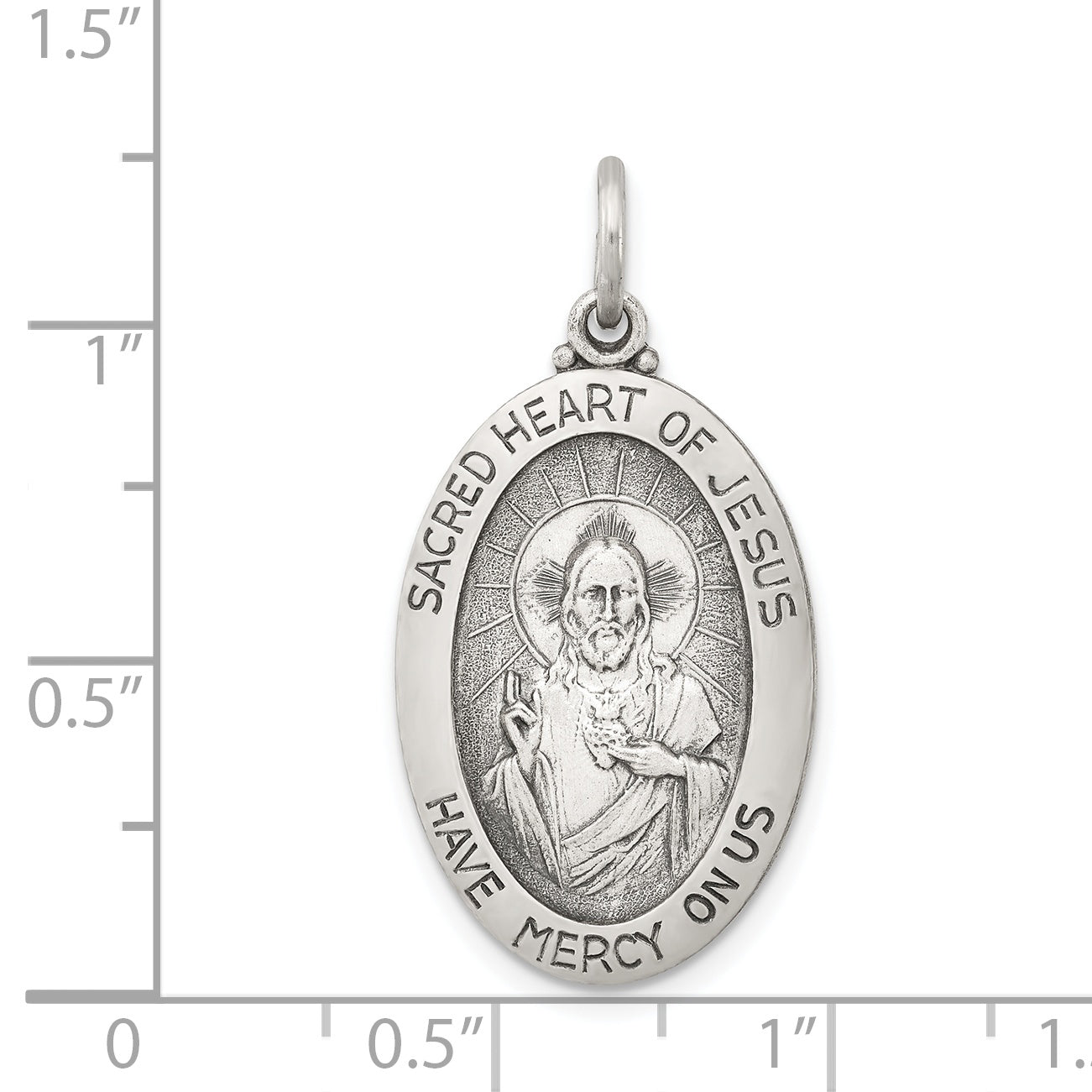 Sterling Silver 925 Sacred Heart of Jesus Medal with Antiqued Finish, Solid Design