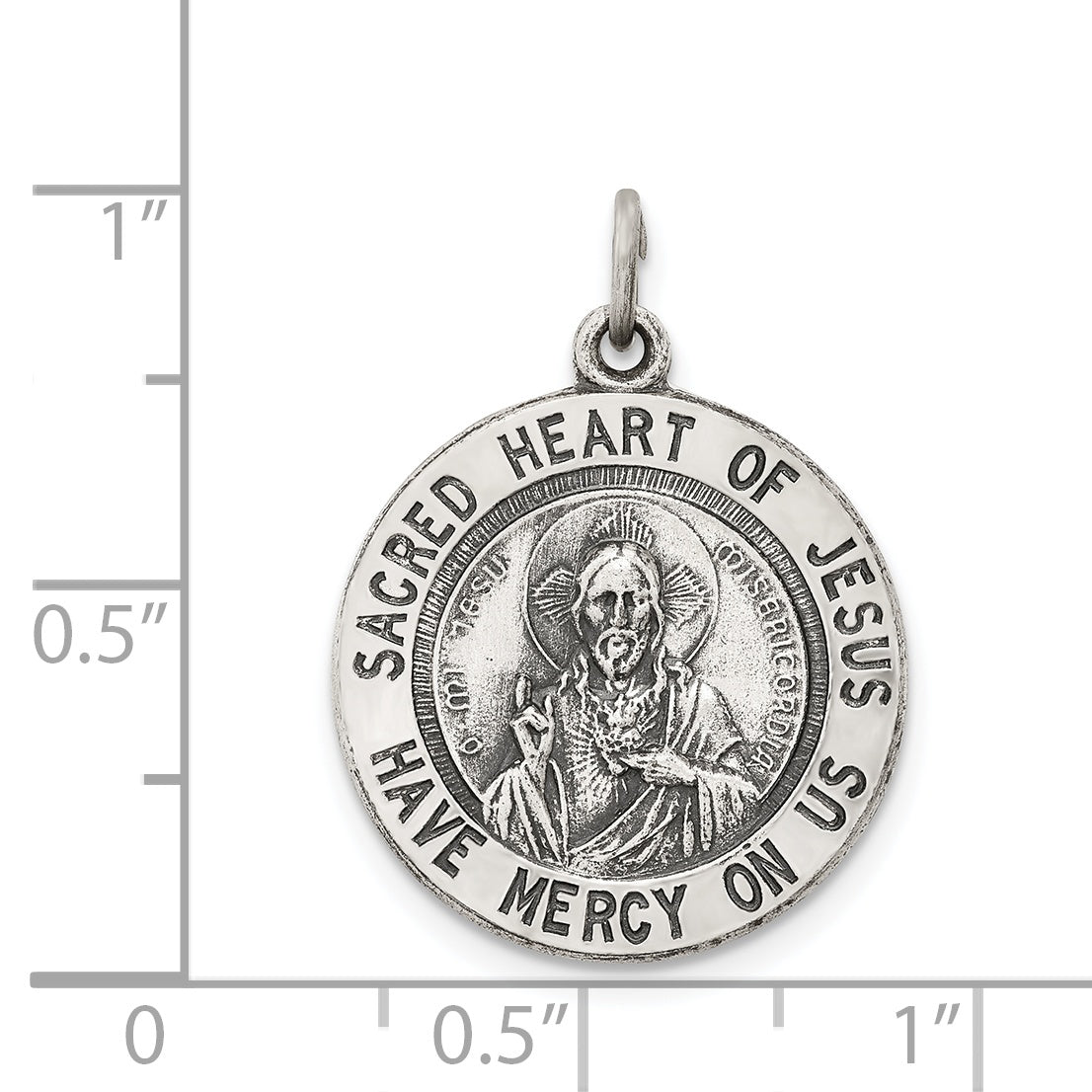 Sterling Silver 925 Sacred Heart of Jesus Medal Pendant Antiqued Finish