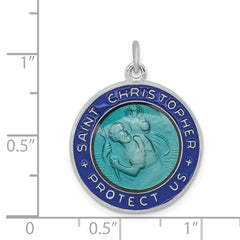 Sterling Silver Rhodium-Plated St. Christopher Medal with Polished Enamel Detailing