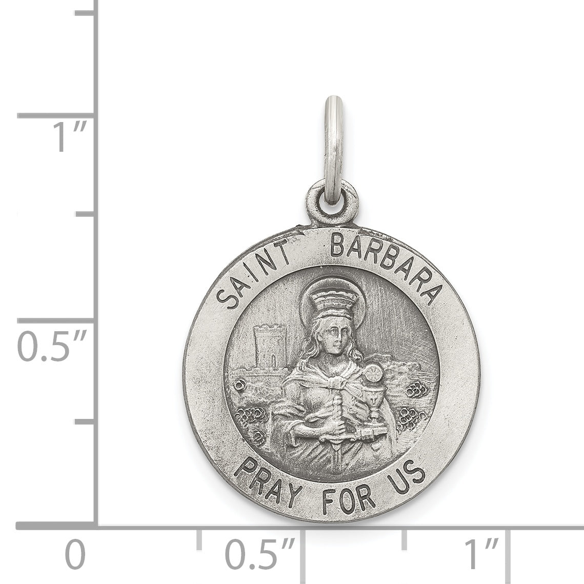 Sterling Silver 925 Antiqued St. Barbara Medal Pendant Solid Charm