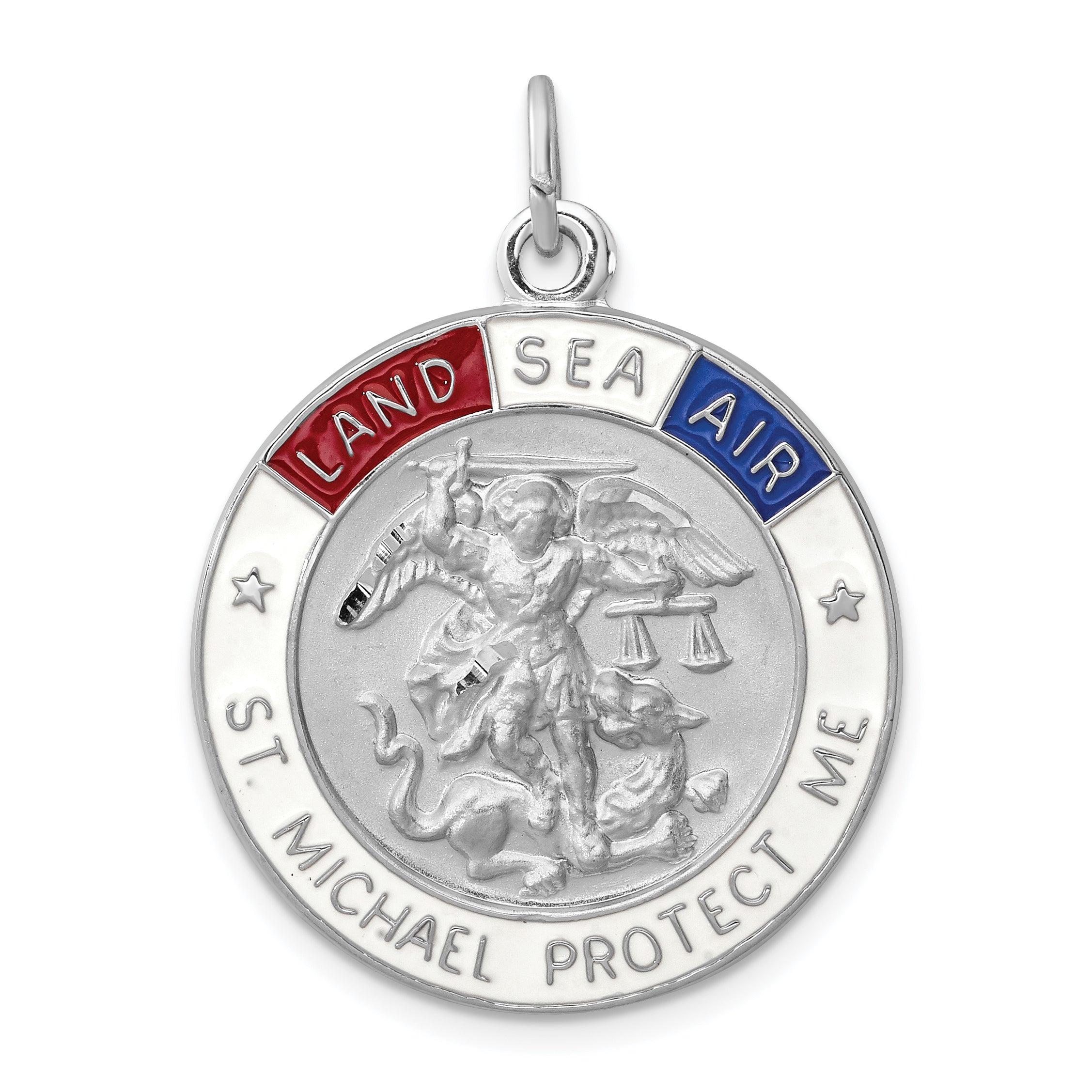 Sterling Silver Rhodium-plated Enameled Saint Michael Medal