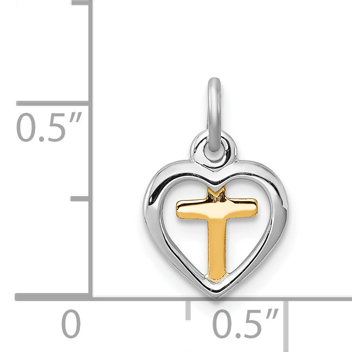 Sterling Silver Rhodium-plated & Vermeil Cross in Heart Charm