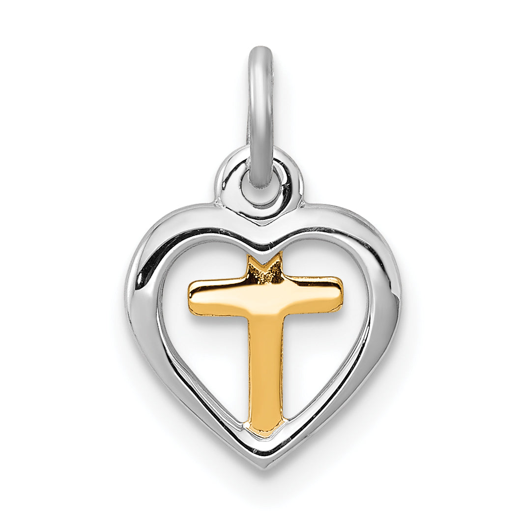 Sterling Silver Rhodium-plated & Vermeil Cross in Heart Charm