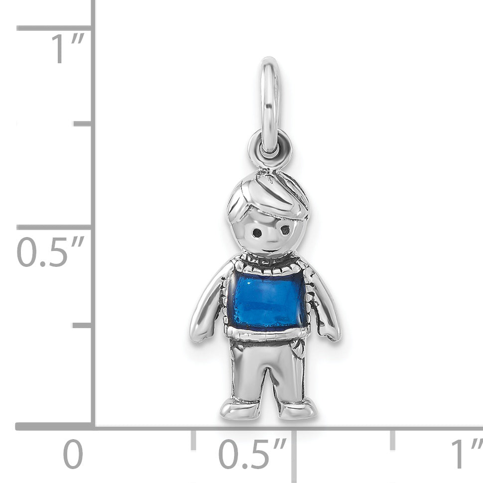 Sterling Silver Polished & Antiqued Blue Enameled Boy Charm