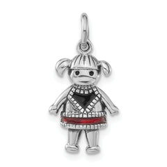 Sterling Silver Polished & Antiqued Red & Black Enamel Girl Charm