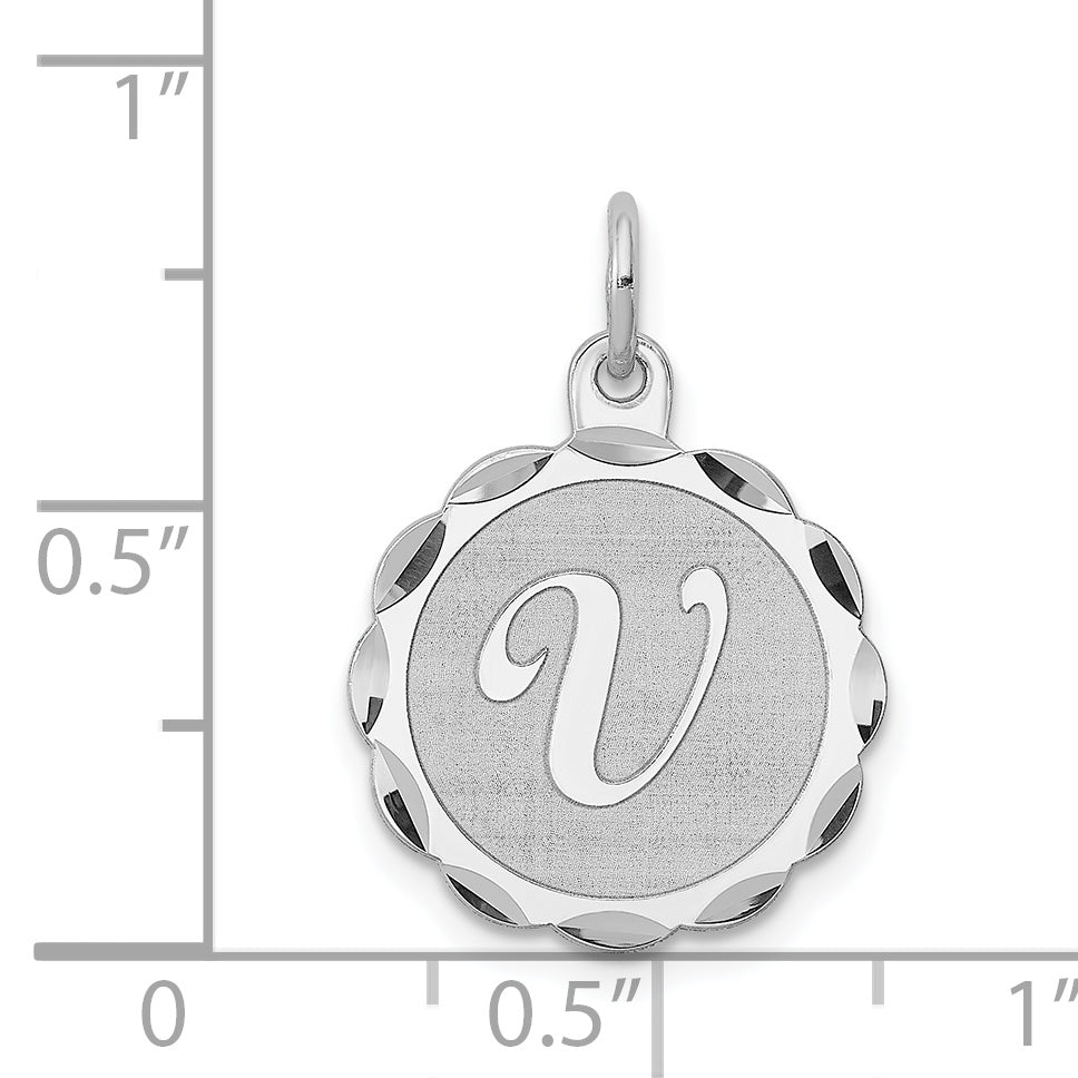 Sterling Silver 925 Brocaded V Initial Pendant Elegant Rhodium Plated