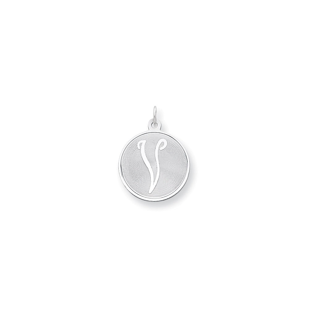 Sterling Silver 925 Brocaded Initial V Charm with Rhodium Plating