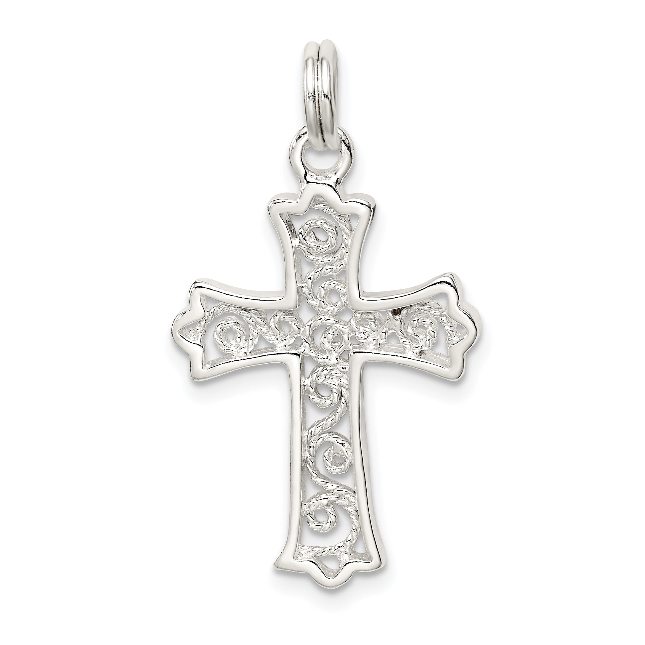 Sterling Silver Rhodium-plated Filigree Cross Charm