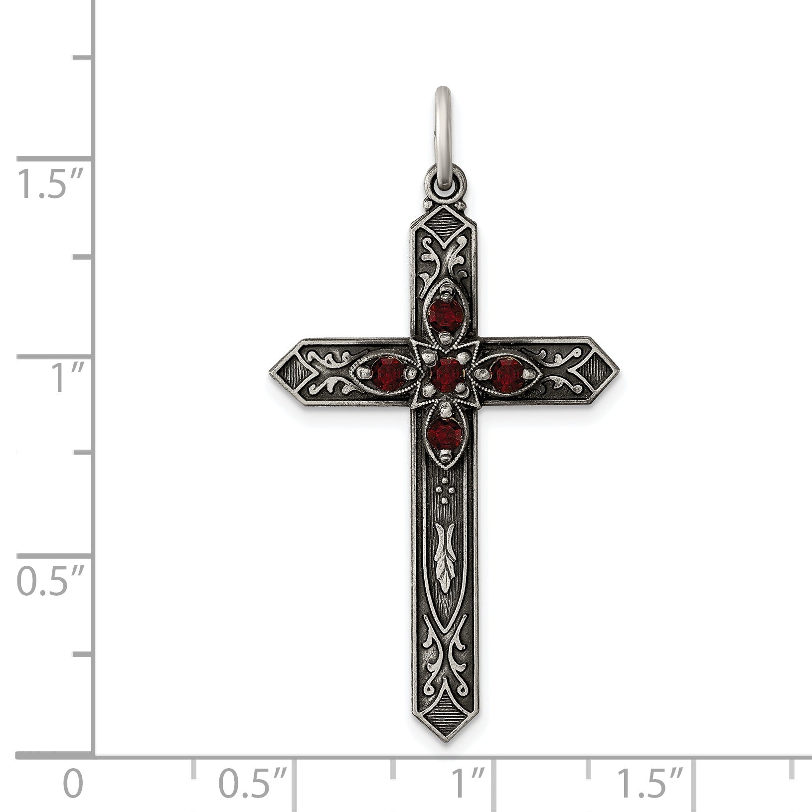 Sterling Silver Antiqued January Glass Birthstone Cross Pendant