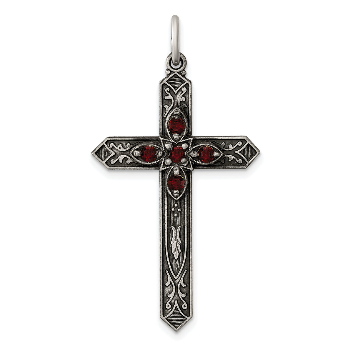 Sterling Silver Antiqued January Glass Birthstone Cross Pendant