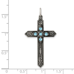 Sterling Silver Antiqued March Glass Birthstone Cross Pendant