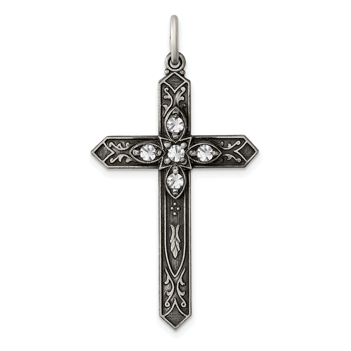 Sterling Silver Antiqued April Glass Birthstone Cross Pendant