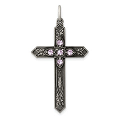 Sterling Silver Antiqued June Glass Birthstone Cross Pendant