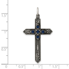 Sterling Silver 925 Antiqued Cross Pendant with September Glass Birthstone