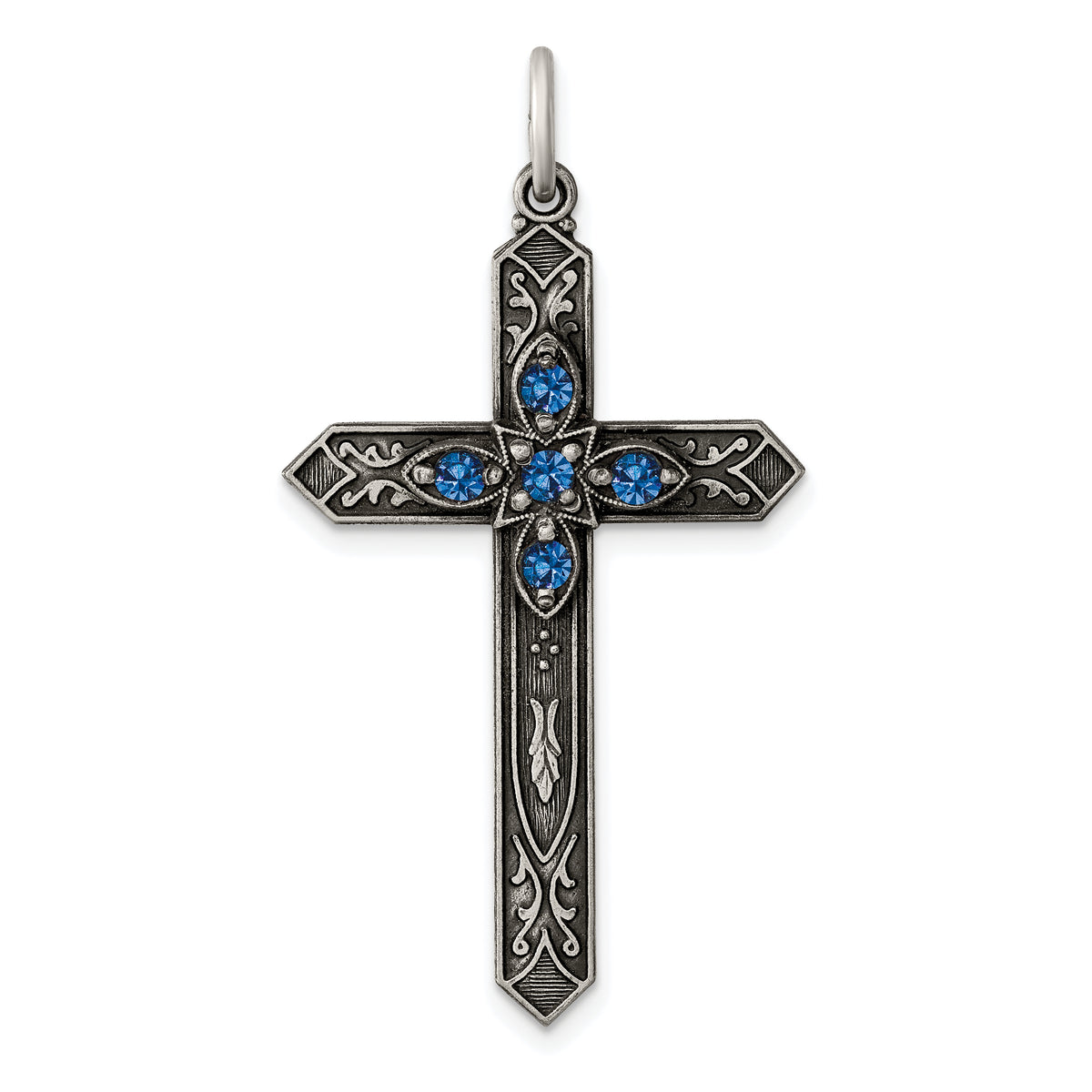 Sterling Silver Antiqued December Glass Birthstone Cross Pendant