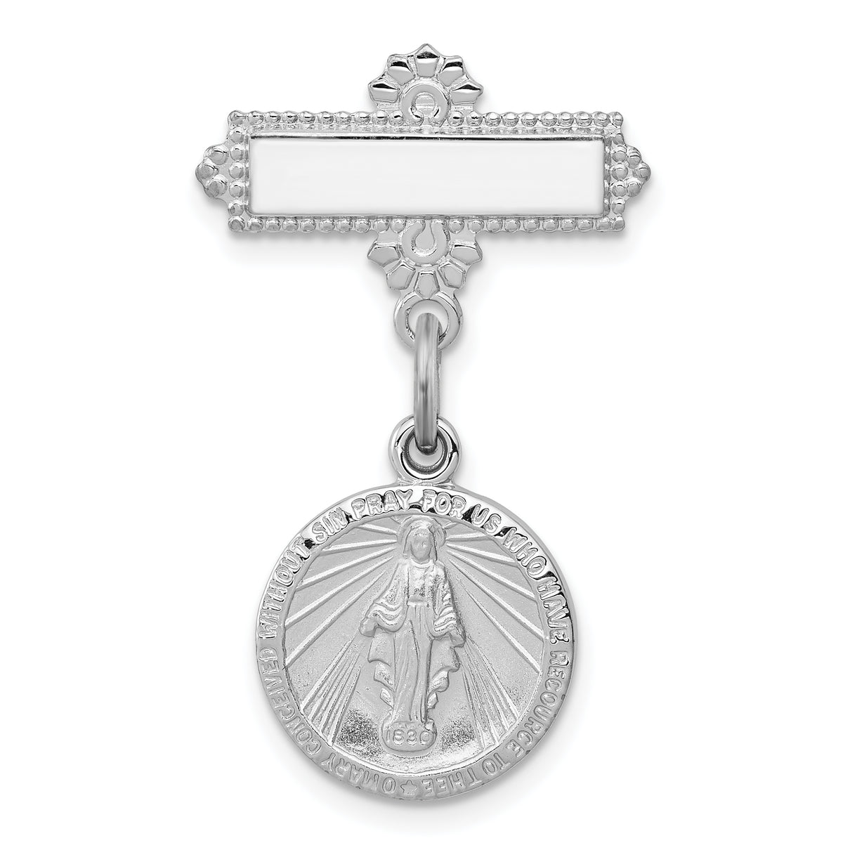 Sterling Silver Rhodium-plated Miraculous Medal Dangle Pin Brooch