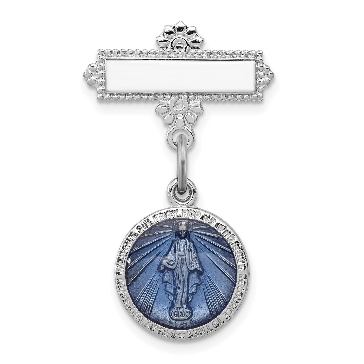 Sterling Silver Rhodium-plated Enameled Miraculous Medal Pin