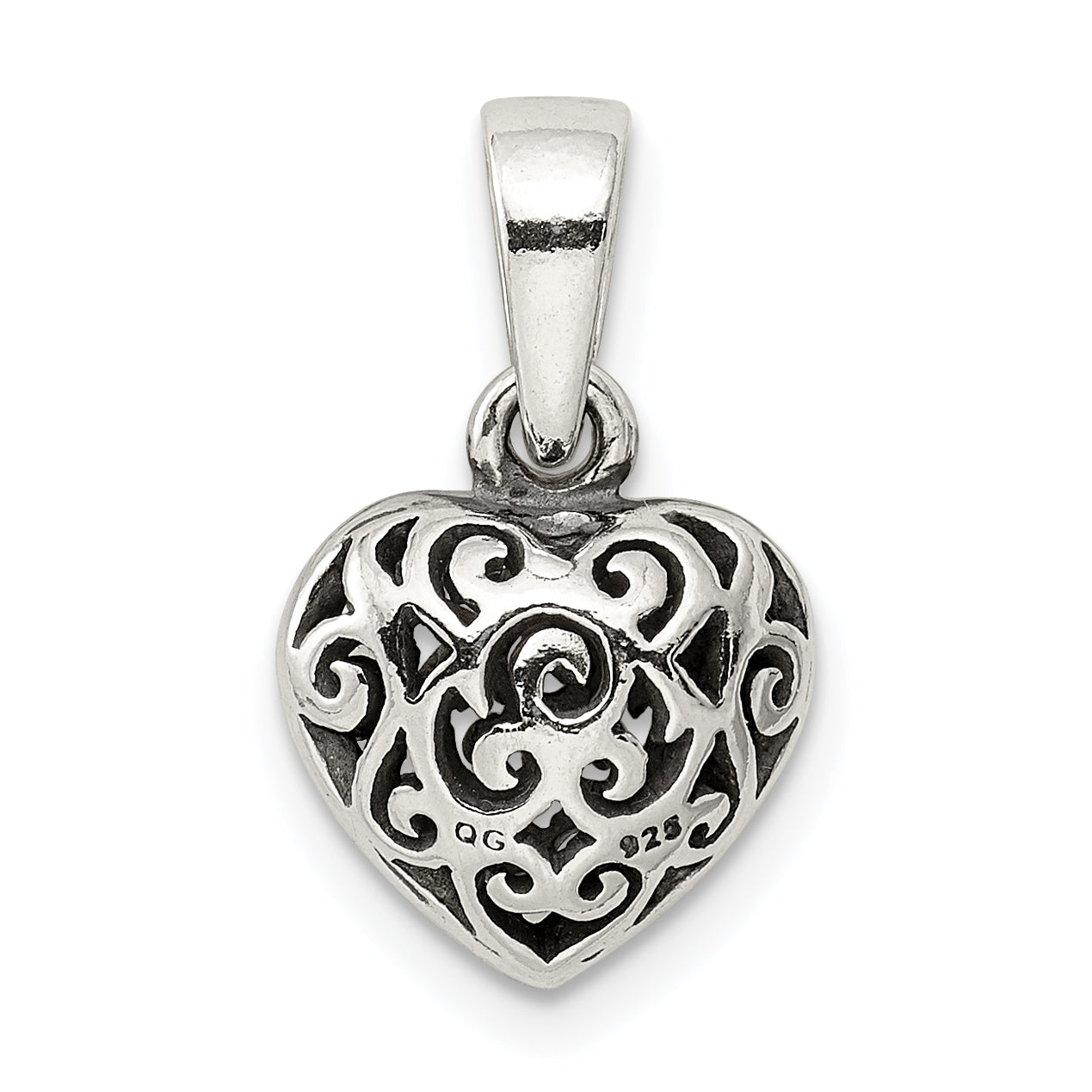 Sterling Silver 925 Filigree Heart Pendant with Polished Vintage Charm