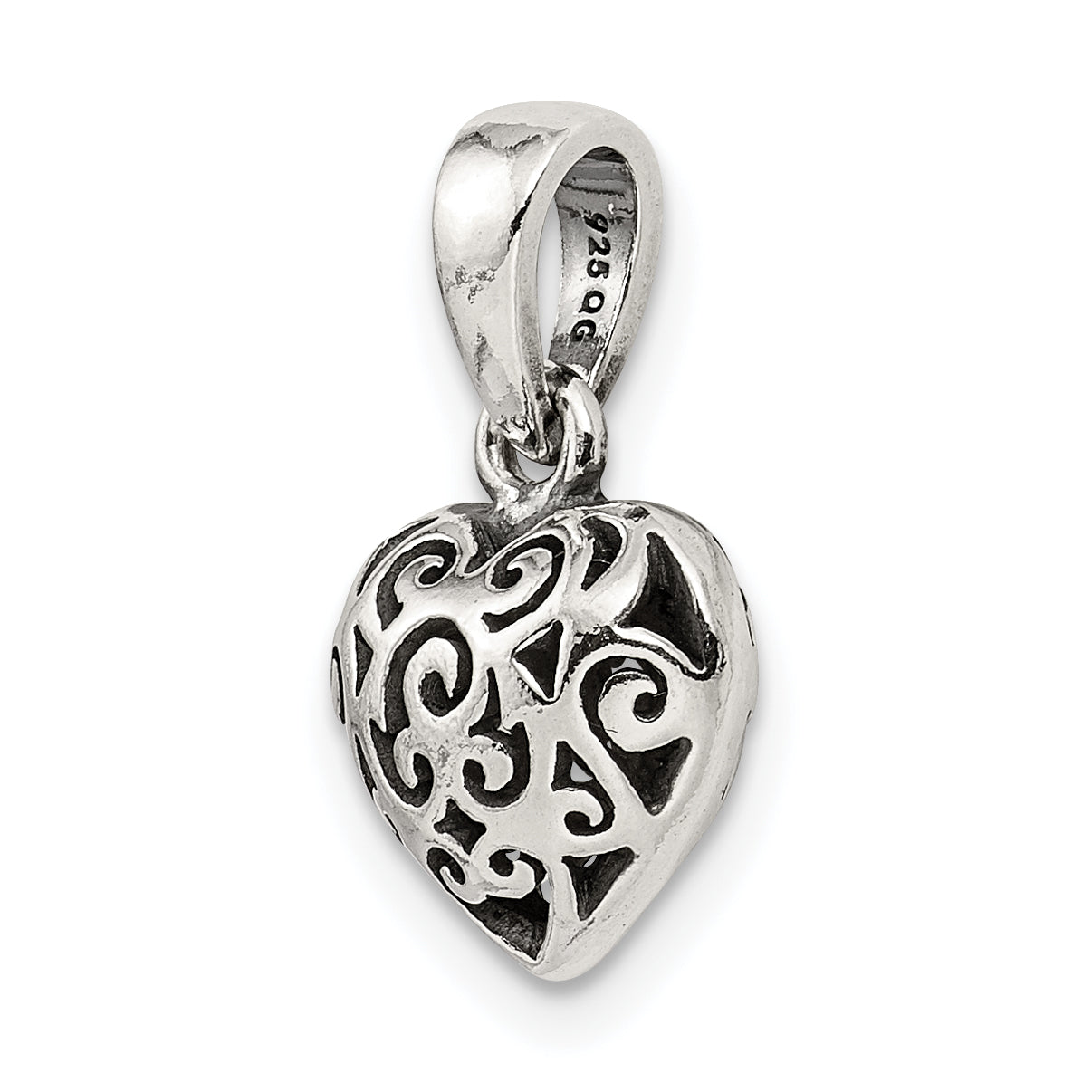 Sterling Silver 925 Filigree Heart Pendant with Polished Vintage Charm