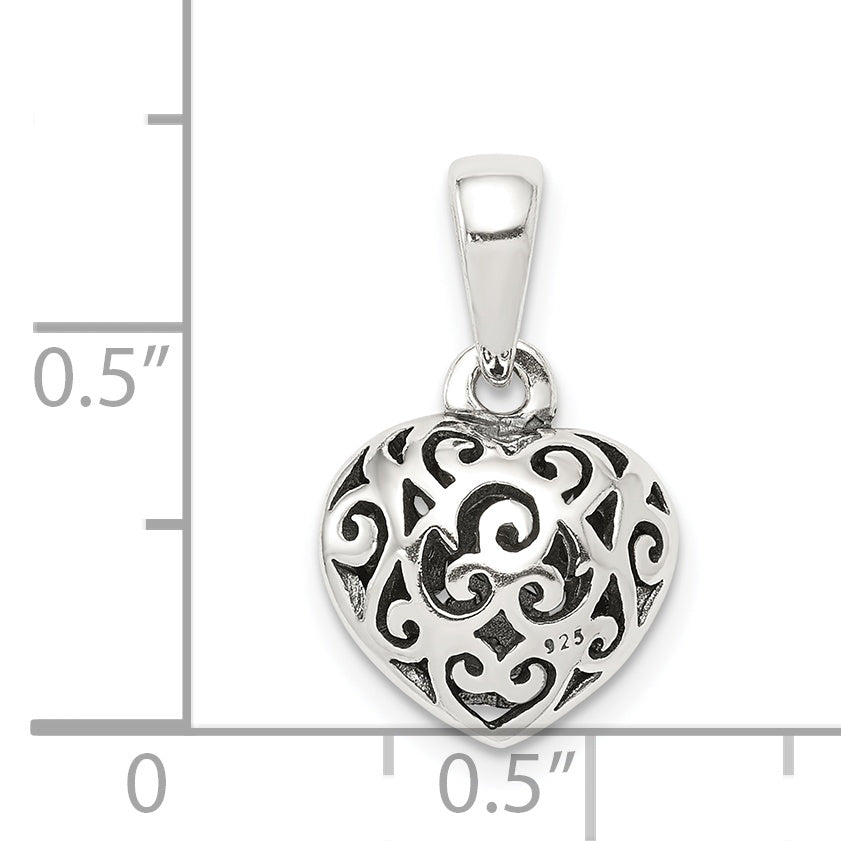 Sterling Silver 925 Filigree Heart Pendant with Polished Vintage Charm