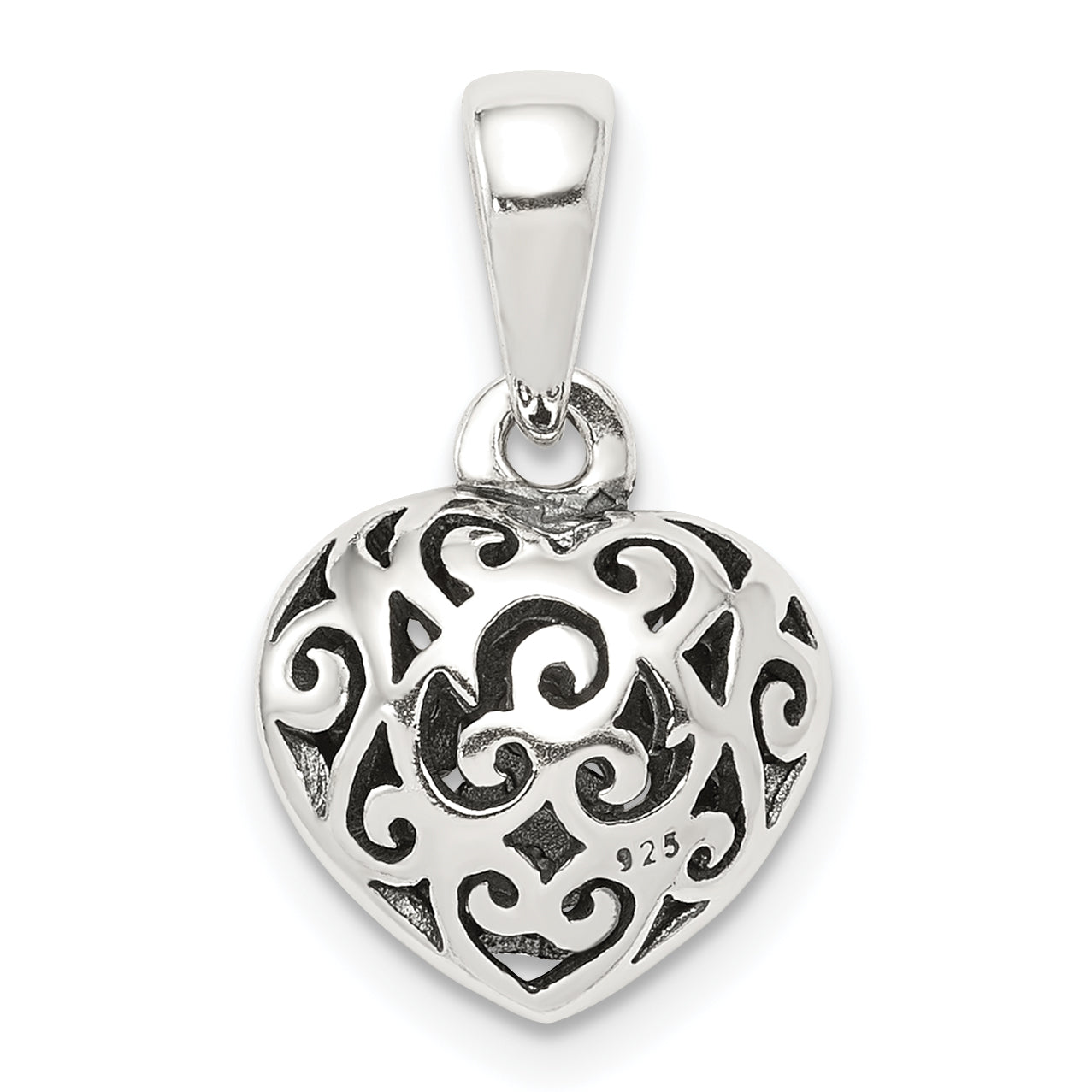 Sterling Silver Antique Filigree Puff Heart Pendant