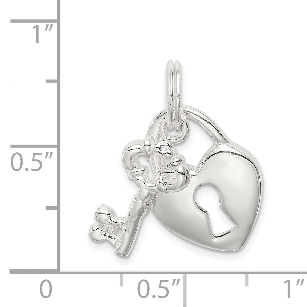 Sterling Silver 925 Heart & Key Charm with Rhodium Polish Elegance