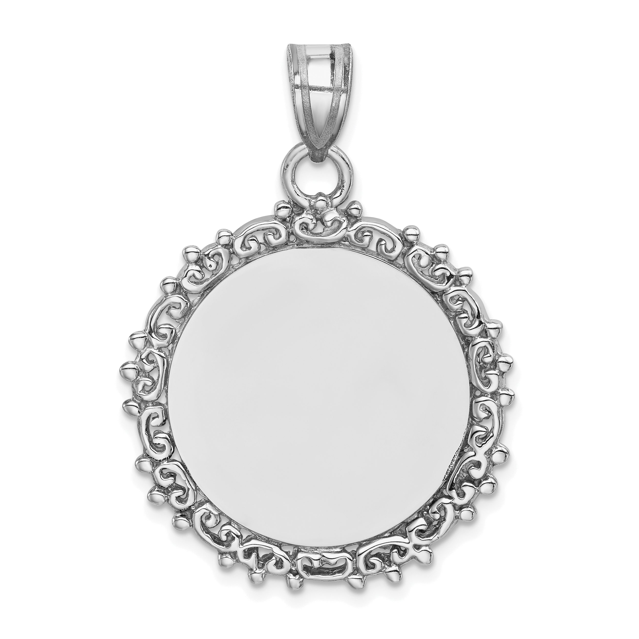 Sterling Silver Rh-plt Fancy Round Polished Front/Satin Back Pendant