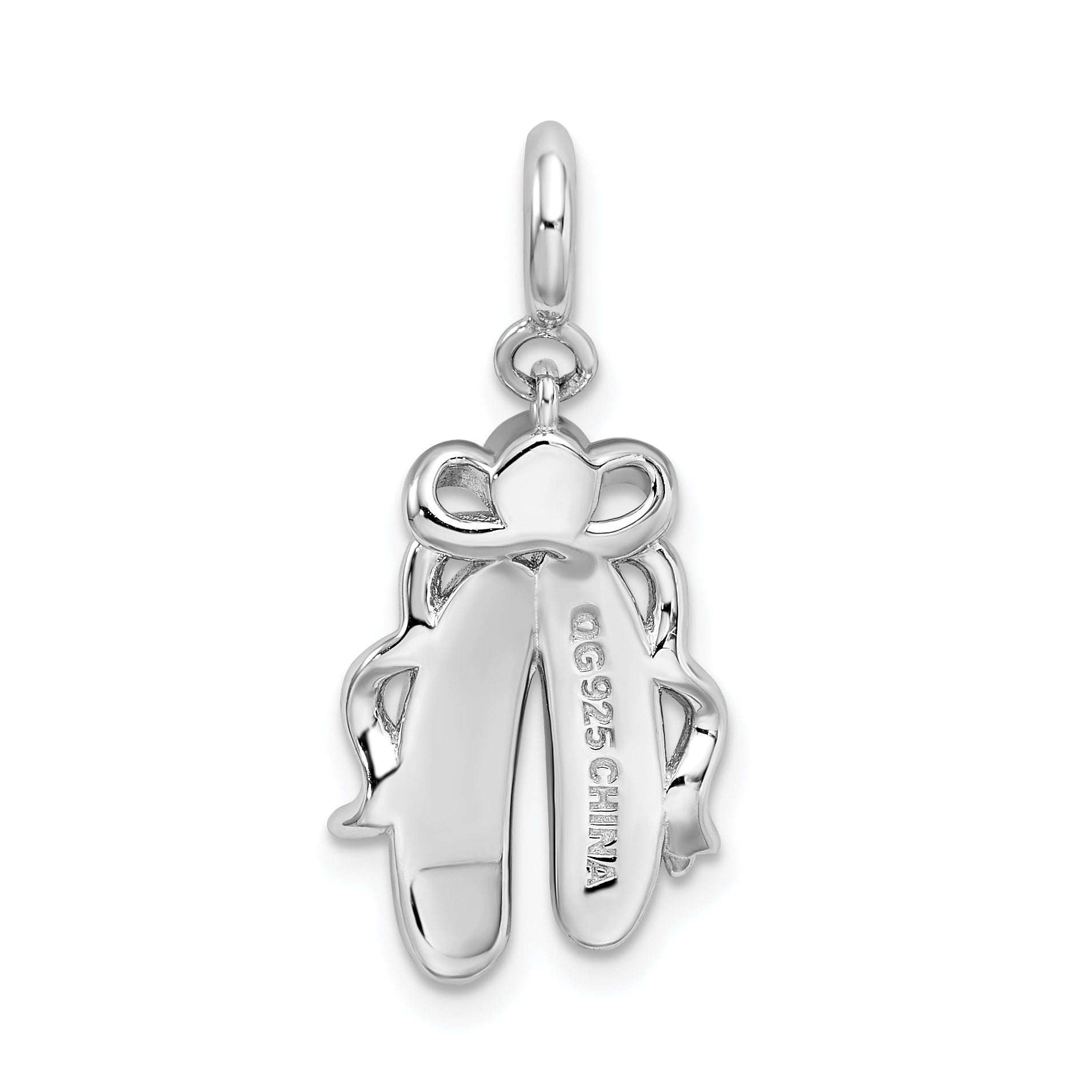 Sterling Silver 925 Ballet Slippers Charm with Pink Crystal and Enamel