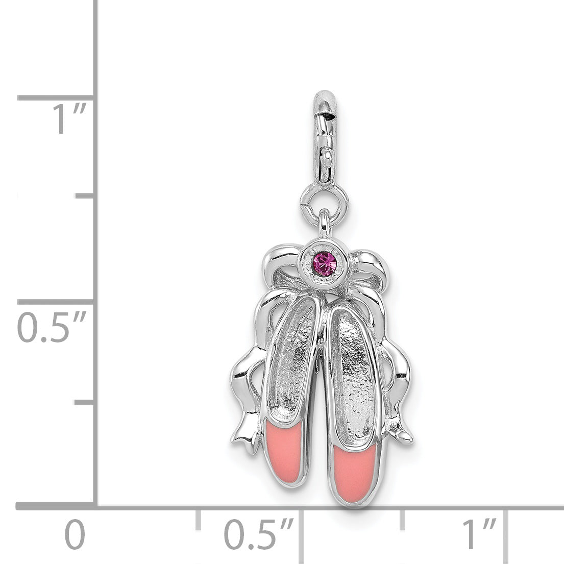 Sterling Silver 925 Ballet Slippers Charm with Pink Crystal and Enamel