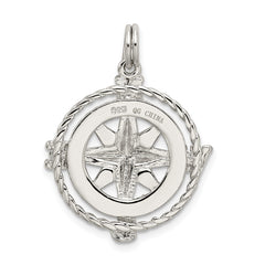 Sterling Silver 925 Men's Compass Charm with Rhodium Polished Finish