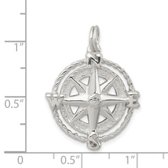 Sterling Silver 925 Men's Compass Charm with Rhodium Polished Finish