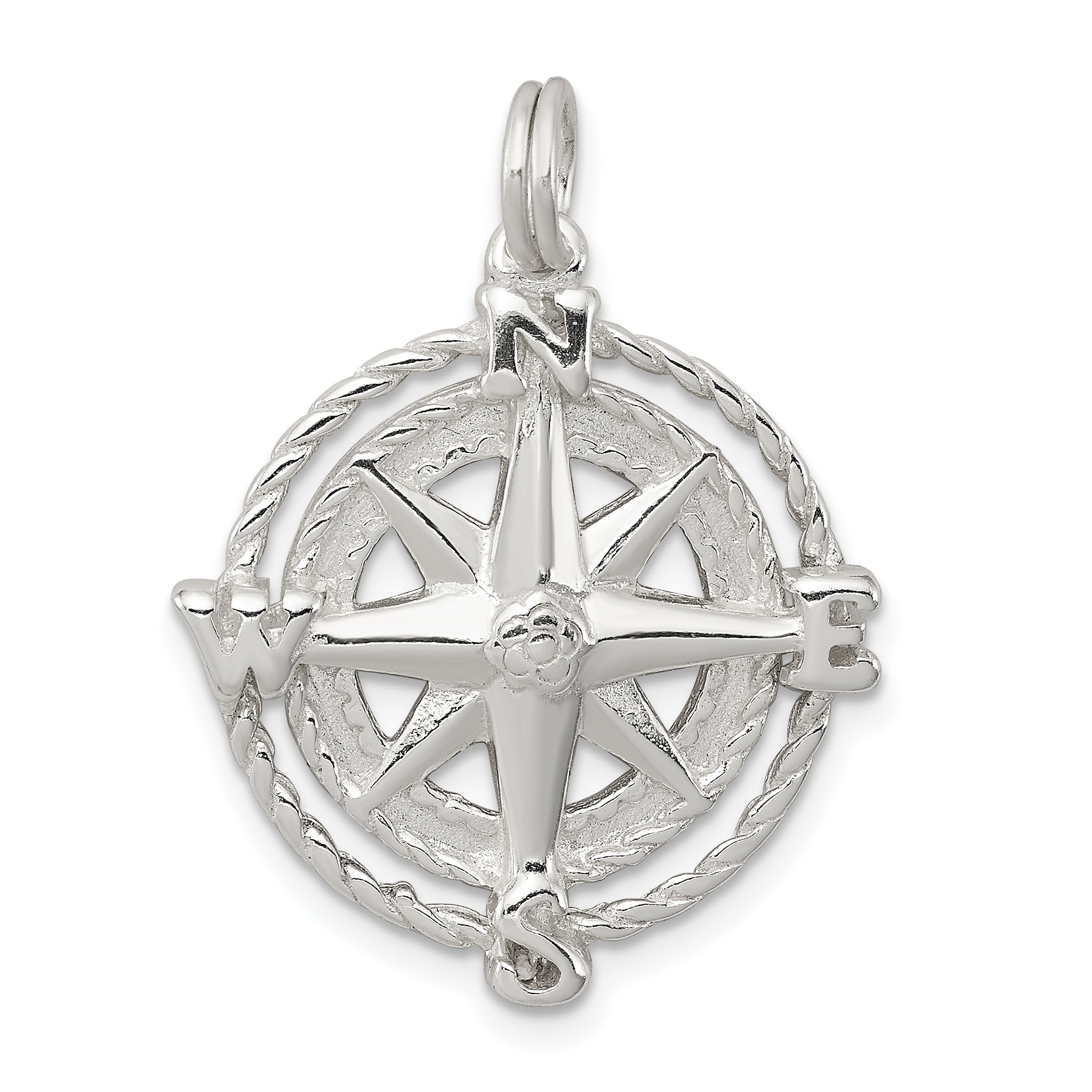 Sterling Silver Rhodium-plated Compass Charm