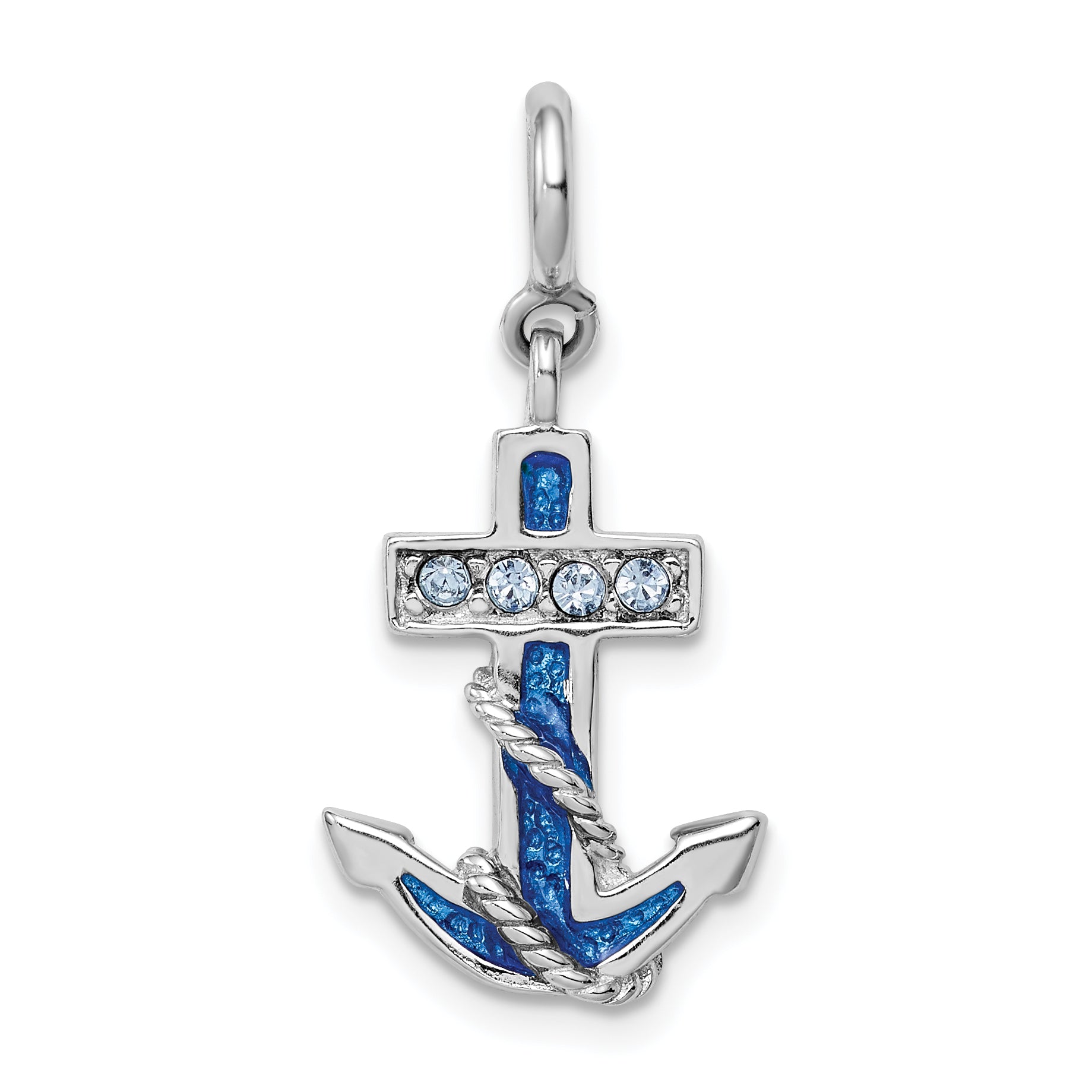 Sterling Silver RH-plated Preciosa Crystals & Blue Enamel Anchor Charm