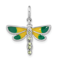 Sterling Silver Rhodium-plated Polished Green CZ & Enameled Dragonfly w/ Spring Ring Clasp Charm