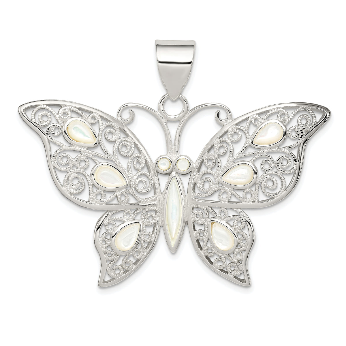 Sterling Silver Filigree Fancy Mother of Pearl Butterfly Pendant