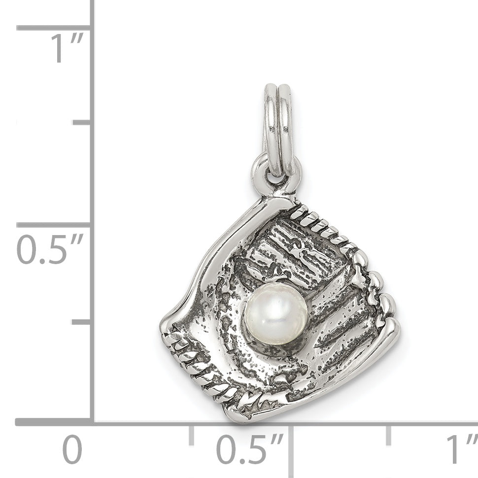 Sterling Silver 925 Men's Baseball Glove Charm with Simulated Pearl