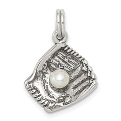 Sterling Silver Antiqued Baseball Glove w/Simulated Pearl Charm