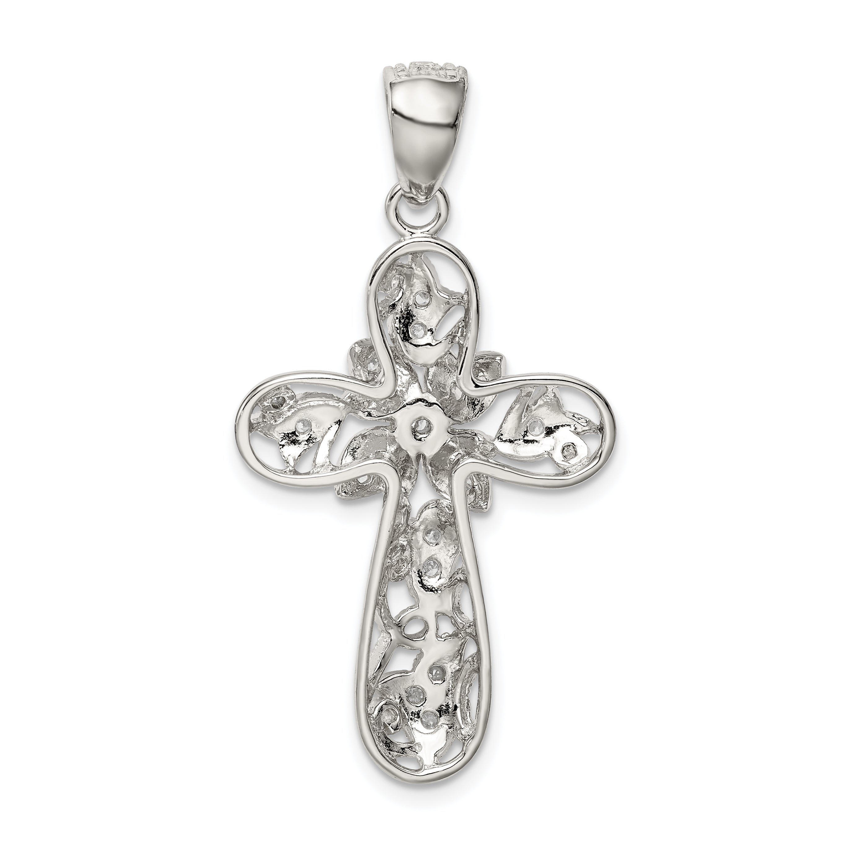 Sterling Silver 925 CZ Cross Pendant with Polished Rhodium Finish