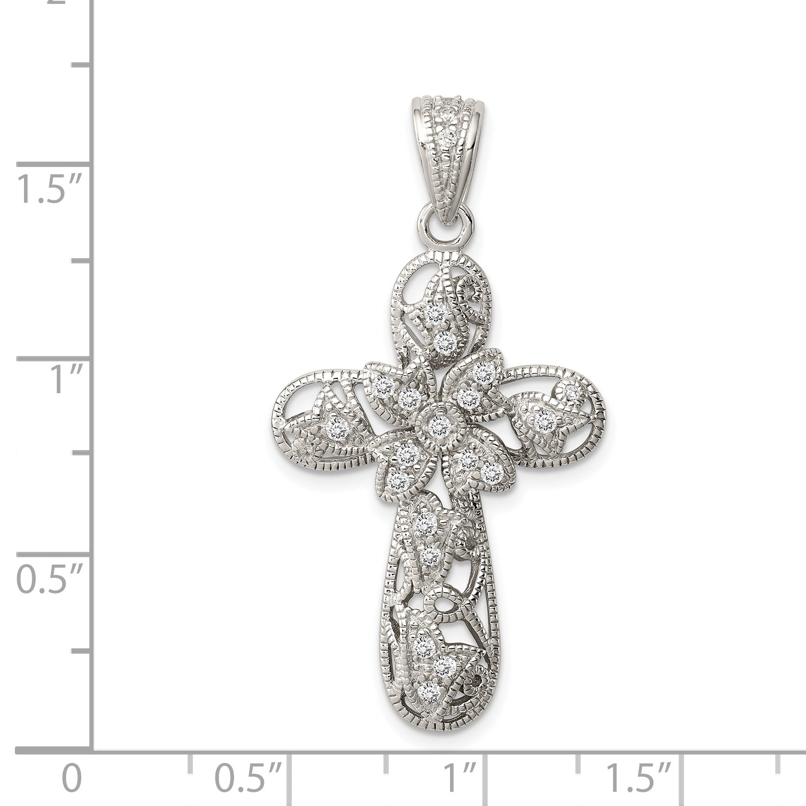 Sterling Silver 925 CZ Cross Pendant with Polished Rhodium Finish